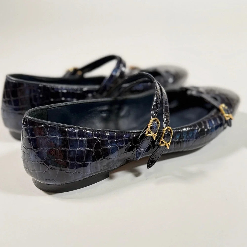 Sarah Flint Navy Croc Embossed Leather Mary Jane Flat 39.5 US 9 Old Money Luxury